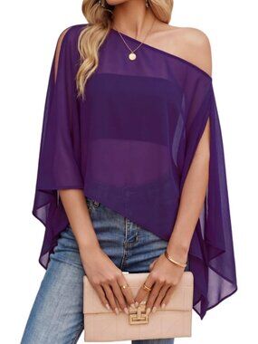 Women's Purple Off Shoulder Chiffon Batwing Slit Sleeve Sheer Loose Blouse